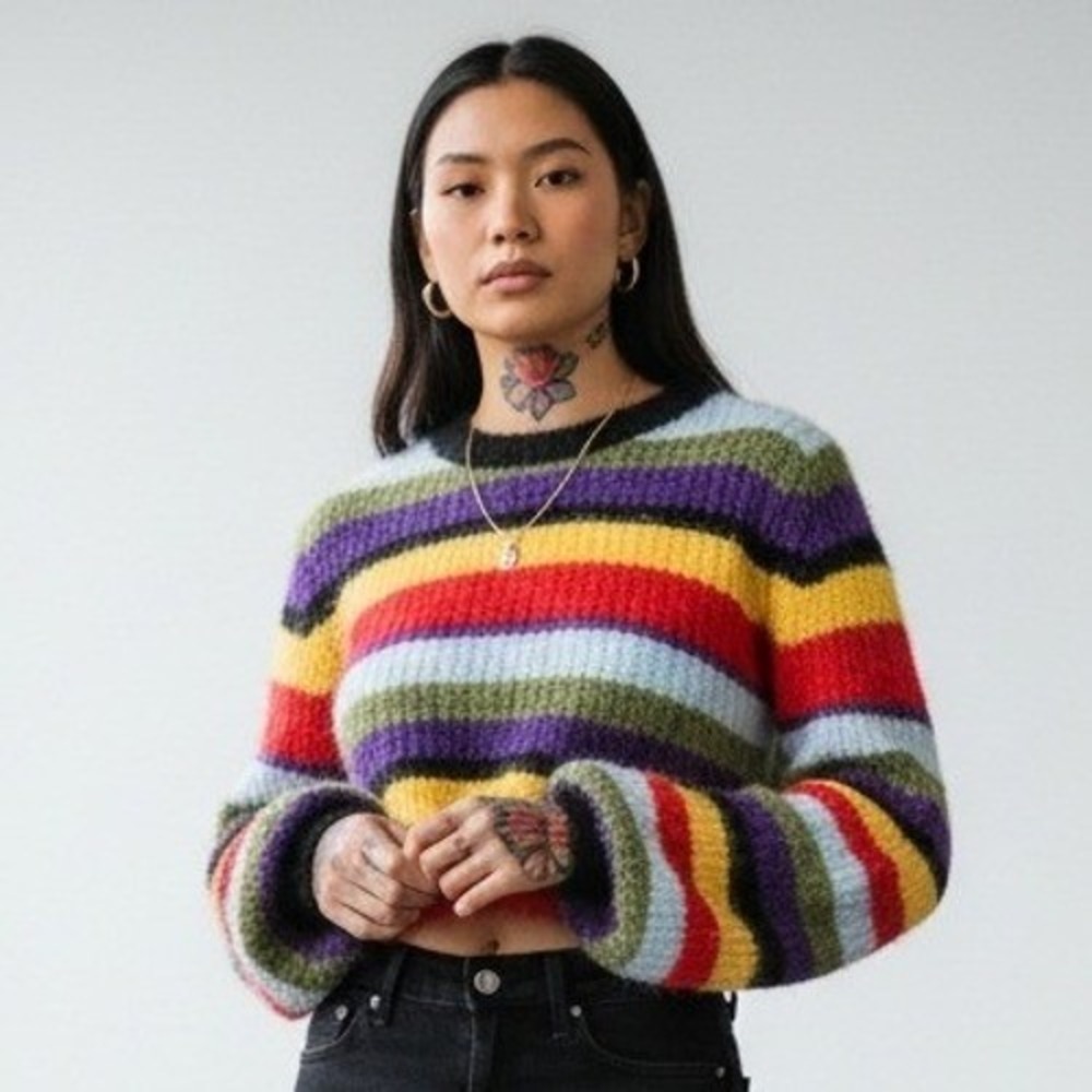AKIRA L Cropped Sweater Rainbow Fuzzy Stripe Knit Bold Y2K Cozy EGirl Maximalist